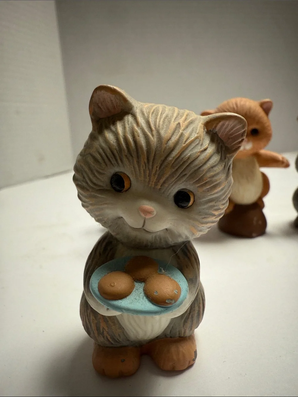 Set of 4 Small Ceramic Cat Figurines in Gray & Brown